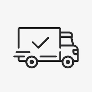 May include: A black and white line drawing of a delivery truck with a tick inside. The truck is a side view with wheels and a cab.
