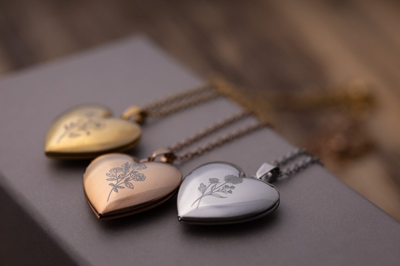 Locket Necklace With Photo, Birth Flower Heart Necklace, Custom Daughter Mother Sister Gift, Personalized Name Necklace, Gold Photo Locket image 9