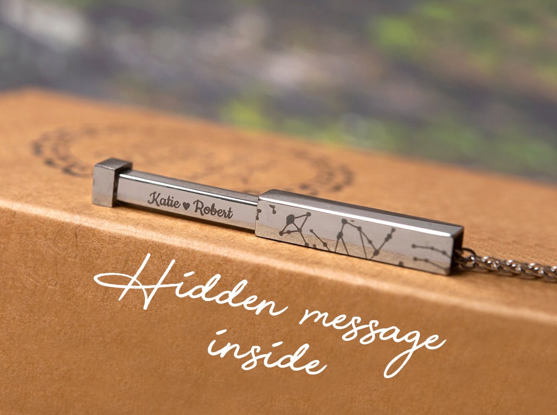 Star Map Necklace With Hidden Message Inside, Custom Engraved Night Sky Vertical Bar Pendant, Stainless Steel Personalized Jewelry Gift KP.4