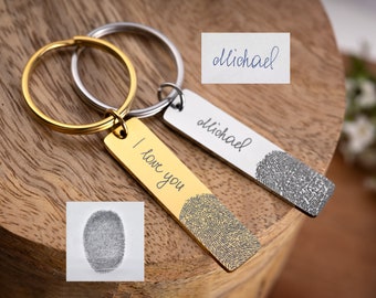 Handwriting And Fingerprint Keychain, Gift For Boyfriend, Laser Engraved Custom Keyring, Personalized Gift For Him, Men, Long Distance Gift