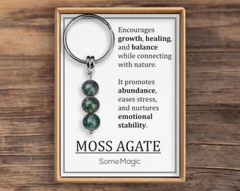 Moss Agate Gemstone Keychain - Genuine Mineral Crystal Dark Green Keyring with Meaning Card, Growth Balance & Healing Gift, S-235