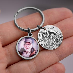 Actual Fingerprint Memorial Keychain With Photo, Custom Engraved Keyring, Personalized Remembrance Gift, Loss Of Father, Loss Of Dad, C.1