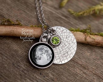 Star Map and Moon Phase Necklace with Birthstone, Custom Night Sky by Date and Place, Personalized Jewelry Birthday Anniversary Gift, S-006