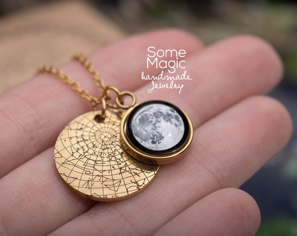 Personalized Moon Phase And Star Map By Date Necklace, Mother&#39;s Day Gift For Mom, Birthday Gift For Daughter, Custom Birth Moon Jewelry, A