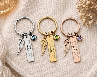 Loss of Mom Memorial Keychain Gift with Angel Wing and Birthstone, Custom Engraved Personalized Remembrance Sympathy Grief Gift, S-125
