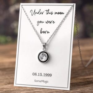 Collana personalizzata con fasi lunari di nascita, testo personalizzato sul biglietto d'auguri, gioielli personalizzati, regalo di compleanno per donna, regalo di anniversario, KP.11
