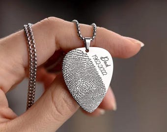 Guitar Pick Necklace with Fingerprint, Musician Remembrance Keepsake, Loss of Music Lover, Father Memorial Bereavement Grief Gift, S-023