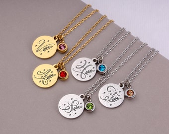 Gold Coin Necklace With Initial and Birthstone, Personalized Letter Silver Disc Pendant, Custom Birthday Gift For Women Daughter Mom Her
