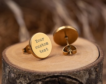 Custom Engraved Stud Earrings, Personalized Studs for Him or Her, Silver - Gold - Rose Gold - Black, S-082