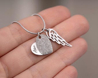 Loss of Mom or Dad Keepsake Gift for Her, Personalized Sympathy Heart Necklace with Fingerprint and Angel Wing, Memorial Grief Jewelry S-030