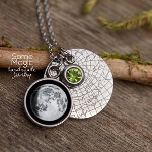 Benutzerdefinierte Sternenkarte und Mondphase Halskette mit einem Geburtsstein, personalisierter Schmuck Geburtstag Jahrestag Geschenk KP.7