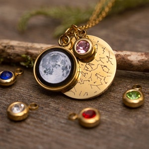 Star Map, Moon Phase And Birthstone Necklace, Star Map By Date, Custom Moon Phase, Engraved Jewelry, Personalized Birthday Gift For Women B image 5