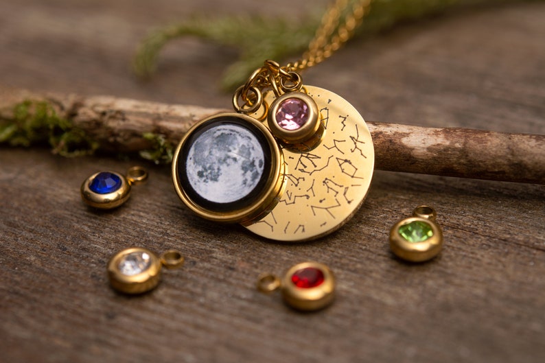 Star Map, Moon Phase And Birthstone Necklace, Star Map By Date, Custom Moon Phase, Engraved Jewelry, Personalized Birthday Gift For Women B image 5