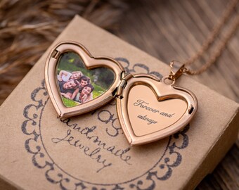 Collier médaillon photo en or rose avec photos, collier coeur fleur de naissance, cadeau fille mère soeur personnalisé, collier prénom personnalisé