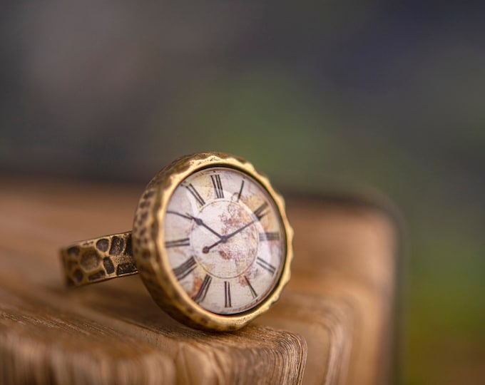 Vintage Clock Ring, Clock Jewelry, Brass Ring, Adjustable Ring