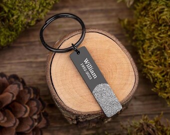 May include: A black rectangular keychain with a fingerprint design and the name "William" and the years "1952-2023" printed in white. The keychain is attached to a black ring. The background includes a wooden slice and moss.
