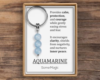 Aquamarine Gemstone Keychain - Genuine Mineral Crystal Blue Keyring with Meaning Card for Balance, Courage & Protection Gift, S-235
