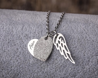 Heart Necklace with Fingerprint & Angel Wing, Memorial Loss of Mother or Father Gift, Personalized Jewelry Grief Gift for Her, S-242