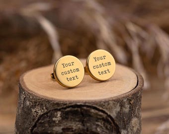 Custom Text Stud Earrings, Personalized Engraved Studs for Him or Her, Silver - Gold - Rose Gold - Black, S-082