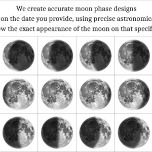 May include: Grid of grayscale images depicting different phases of the moon. Text at the top states, "We create accurate moon phase designs based on the date you provide..." Each image shows a unique lunar phase.