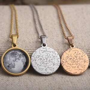 Collar personalizado con doble luna de nacimiento, mapa estelar y fase lunar, colgante de carta estelar, regalo de cumpleaños personalizado para mujer, aniversario, cielo nocturno, KP.7
