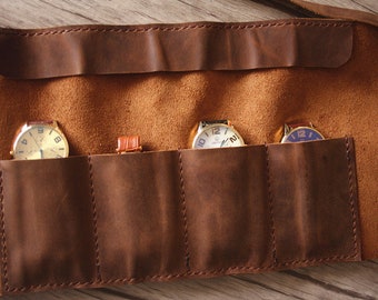 Leather Watch Case, Distressed Brown Watch Holder Box, handmade watch roll, Tool Case, Tool Roll, Personalized pencil case, pen sleeve