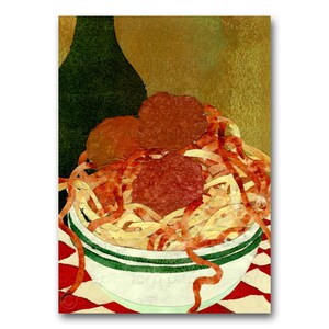 May include: A white bowl with green stripes filled with spaghetti and meatballs. The bowl is on a red and white checkered tablecloth. A green bottle is in the background.