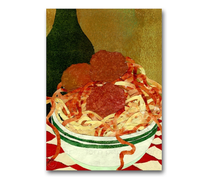 Spaghetti & Meatballs Greeting Card or Print With a Customcut Mat 1950