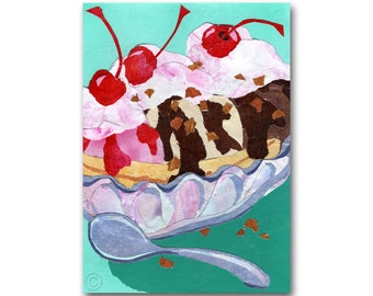 BANANA SPLIT - Birthday Party - Ice-Cream Party Card or Invitation - Retro-Art Print - Kitchen Décor - Ice-cream Parlor Poster (CMEM030)