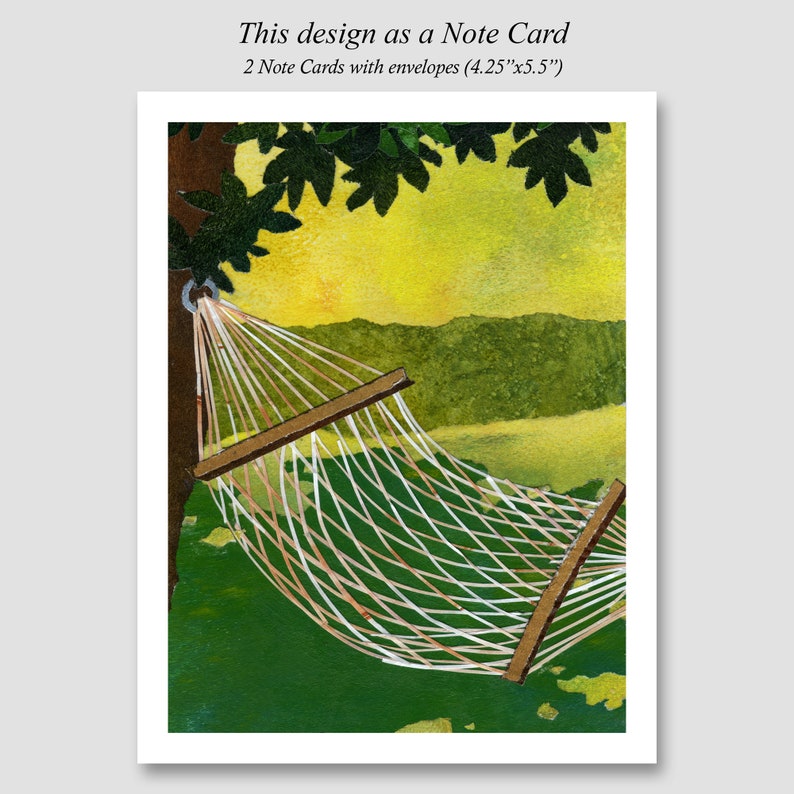 May include: A watercolour painting of a hammock hanging between two trees. The hammock is white with brown ropes and is hanging over a green grassy area. The background is a yellow sky with green hills in the distance.