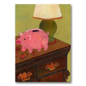 PIGGY BANK - Greeting Card or Print - Childhood Memories - Child&#39;s Room Décor - Vintage 1950&#39;s Retro Art Collage by Linda Henry (CMEM082)