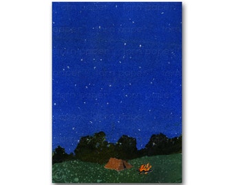 Camping Out - NOSTALGIA CARD  or Print with a Free Mat - Childhood Memories - A Sleep over - Scouting -1950's Retro Art Card (CMEM2013094)