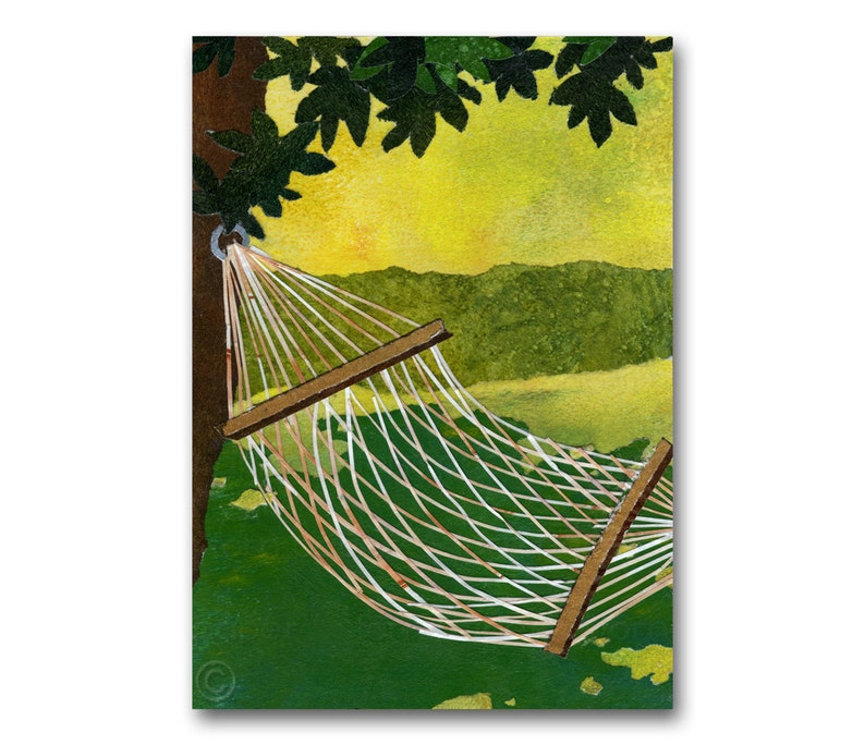 May include: A white hammock hangs between two trees in a green grassy area. The hammock is made of woven rope and has a wooden frame. The background is a yellow and green watercolour wash.