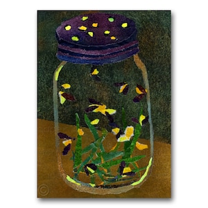 Lightning Bugs in a Jar - Nostalgia CARD or PRINT with a Free Mat - Collage Art design by Linda Henry - Summer Childhood Memories (CMEM079)