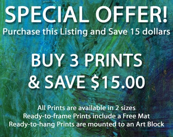 SALE - Mix & Match - Special Offer - SAVE 15 Dollars - 3 Prints of your choice - 2 Sizes - Choose an Art Block or a Print with a Free Mat