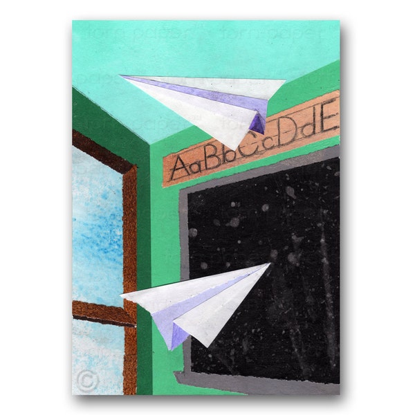 GRADUATION CARD - Nostalgic Memories - Paper Airplanes in a School Classroom - Collage Art Card - Vintage Look  Frame-able Art (CMEM2013002)