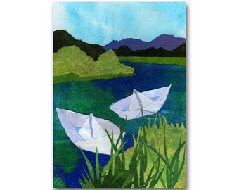 Paper Boats - All Occasion Greeting Card or Party Invitation - Available as a Print with a custom-cut Mat - Child's Room Decor (CMEM2013007)