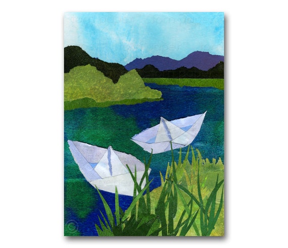 Paper Boats - All Occasion Greeting Card or Party Invitation - Available as a Print with a custom-cut Mat - Child's Room Décor (CMEM007)
