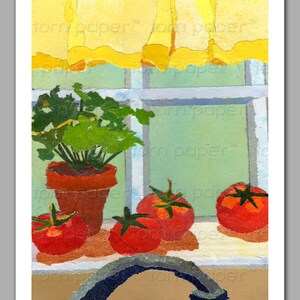 May include: A painting of a kitchen window with a potted plant and four red tomatoes on the windowsill. The window is covered with a yellow curtain. The painting is done in a collage style with torn paper.