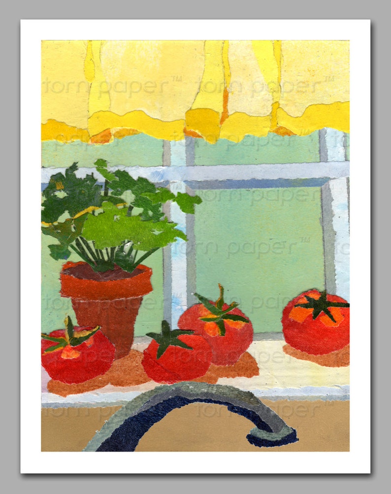 May include: A painting of a kitchen window with a potted plant and four red tomatoes on the windowsill. The window is covered with a yellow curtain. The painting is done in a collage style with torn paper.