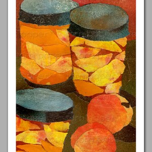 May include: Three glass jars filled with orange and yellow peach slices, with two whole peaches in the foreground. The jars have dark blue lids and are sitting on a dark green surface.