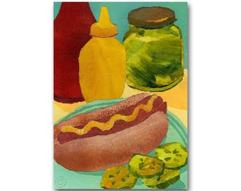 All American Hotdog  - Backyard BBQ - Family Picnic - Route 66 - Diner Days - Retro 1950's Camp Art - Greeting Card or Print (CMEM2013028)