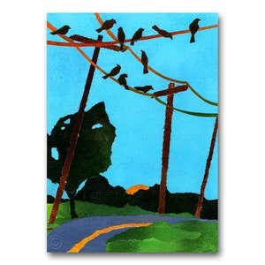 May include: A collage of paper cutouts depicting a blue sky with a row of black birds perched on orange power lines. The power lines are connected to brown poles. A green tree and a road are visible in the foreground.
