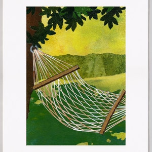 May include: A white hammock hangs between two trees in a green grassy area. The hammock is made of woven rope and has wooden supports. The background is a yellow and green watercolour wash.