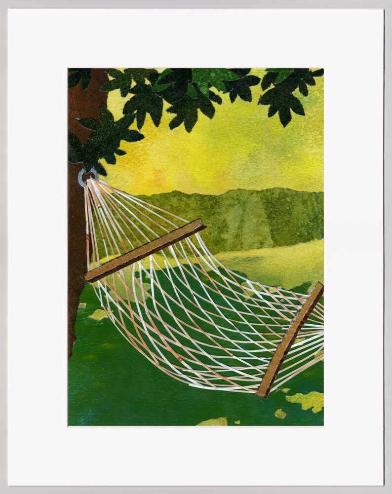 May include: A white hammock hangs between two trees in a green grassy area. The hammock is made of woven rope and has wooden supports. The background is a yellow and green watercolour wash.