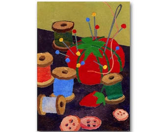 NEEDLES & PINS - Nostalgic Card or Print - Torn paper Collage of an old-fashioned pin cushion and sewing thread by Linda Henry (CMEM042)