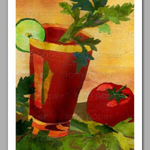 May include: A watercolor painting of a glass of red tomato juice with a celery stalk and a lime wedge. A red tomato sits on a green leafy surface.