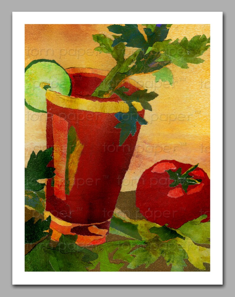 May include: A watercolor painting of a glass of red tomato juice with a celery stalk and a lime wedge. A red tomato sits on a green leafy surface.