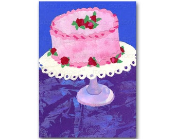 Cake with Pink Icing - Sweet 16 Birthday Party, Baby Shower, Luncheon Invitation - Retro Art CARD or PRINT with a Free Mat (CMEM2013050)