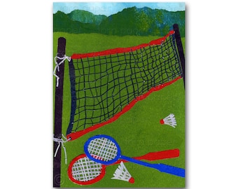 Badminton - NOSTALGIA CARD or Print with a free mat -  Backyard Childhood memories - The Good Old Days - 1950's Retro Art Card (CMEM2013067)